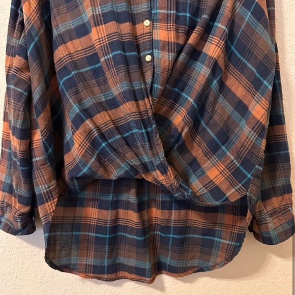 Anthropologie Isabella Sinclair Plaid Twisted Button Down Blue Orange S Womens - Picture 5 of 5